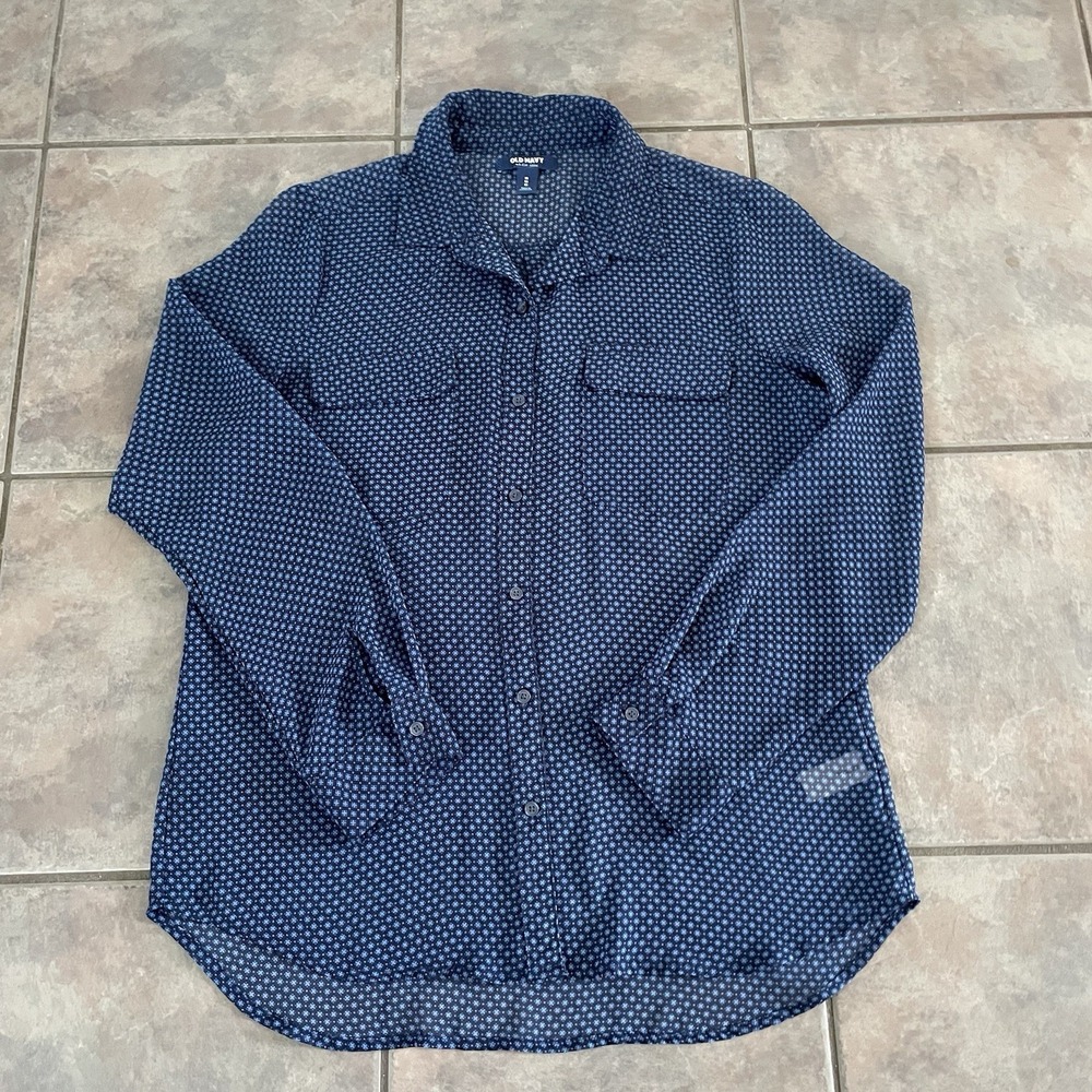 Old Navy Womens Long Sleeve Chiffon Navy Sheer Button Shirt Size M Geo Pattern